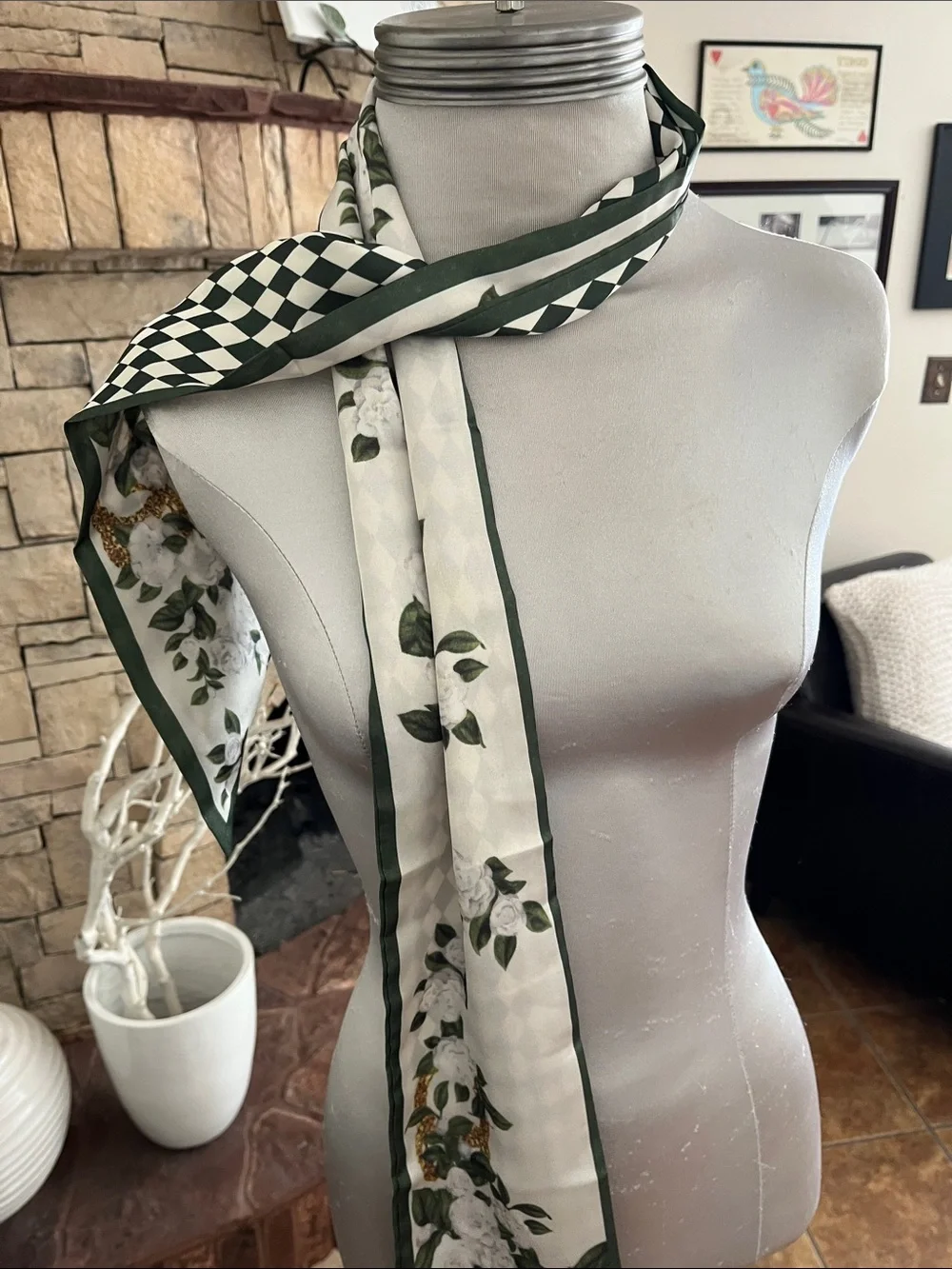 Green White Floral Harlequin Neck or Head Scarf